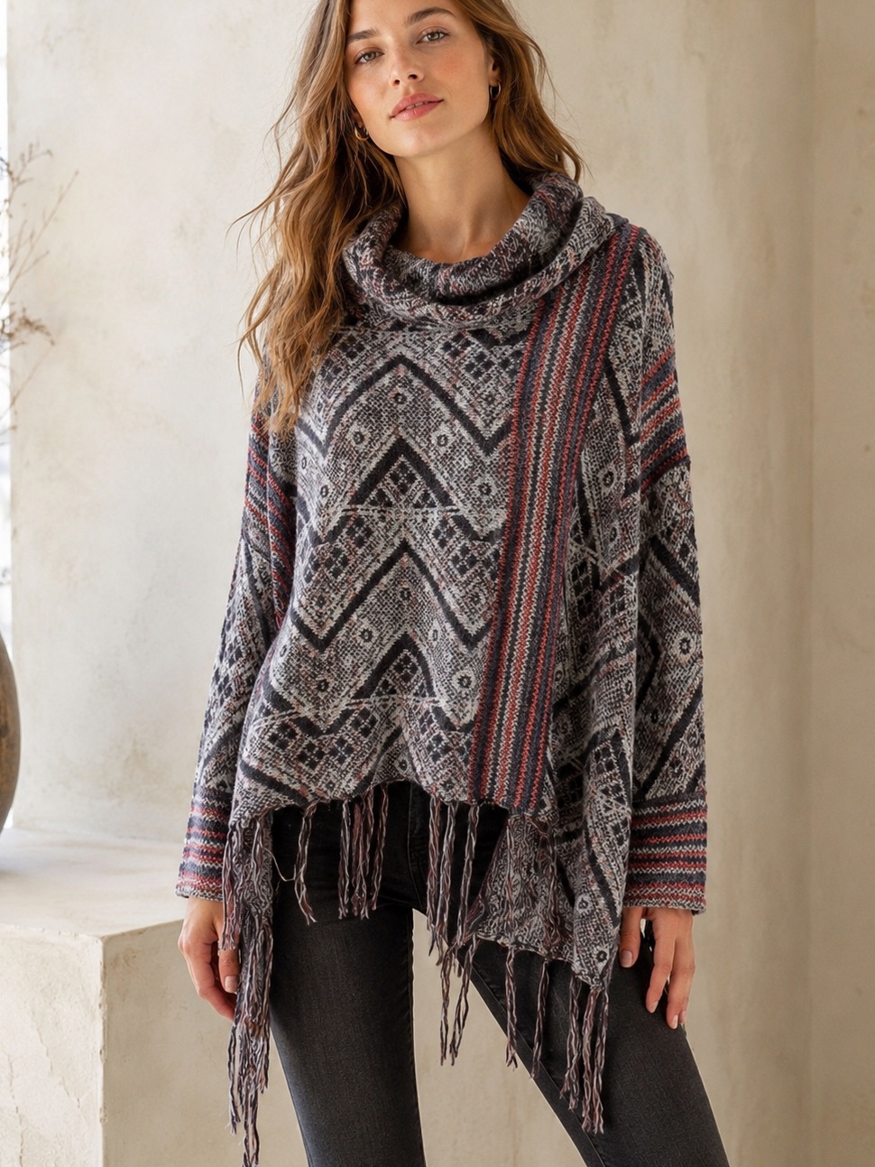 Free People Be The One Fringe Poncho Cowl Neck Sweater Aztec Boho S